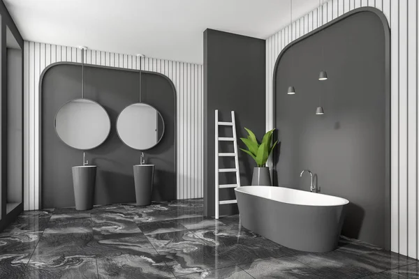 Dark Bathroom Interior Bathtub Double Sink Mirror Towel Rail Ladder — Fotografia de Stock