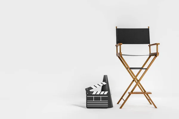 Film Production Director Chair Clapper Megaphone Light Background Concept Cinema — Stock Photo, Image