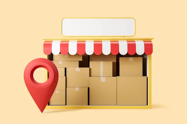 Store filled with cardboard boxes, location pin on light yellow background. Mockup copy space banner on roof. Concept of delivery and wholesale. 3D rendering