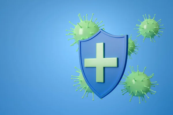 Antibacterial, anti virus shield with cross, corona and omicron, blue background. Concept of health and protection. Mockup copy space. 3D rendering