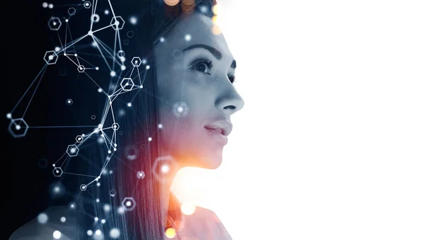 Businesswoman dreaming and thinking portrait, double exposure, network hologram and circuit of connection in metaverse. Concept of digital communication. 3D rendering