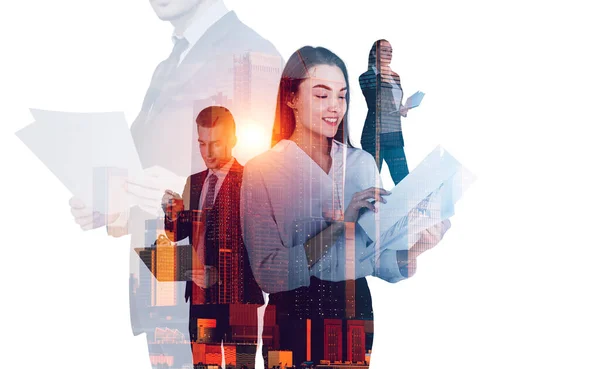 stock image Businesswoman and businessman wearing formal wear are standing holding documents. New York city skyscraper in background. Concept of working process at megapolis, work with paper blanks