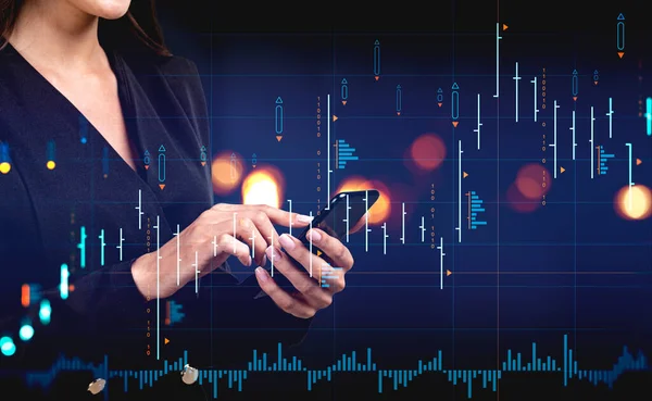 Businesswoman finger touch phone in hands. Stock market diagrams, forex hologram with candlesticks and lines. Colorful chart with dynamic changes. Concept of online trading.