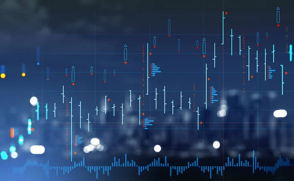 Stock market diagrams, financial chart with candlesticks, blurred New York skyline, skyscrapers at night. Concept of forex and investment