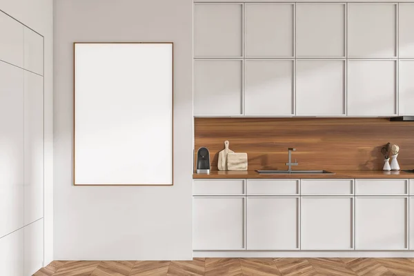White Kitchen Interior Sink Shelves Kitchenware Deck Mockup Copy Space — Fotografia de Stock