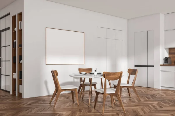 Corner view on bright kitchen room interior with empty white poster, dining table with chairs, cupboard, fridge, white wall, oak wooden floor. Concept of minimalist design. Mock up. 3d rendering