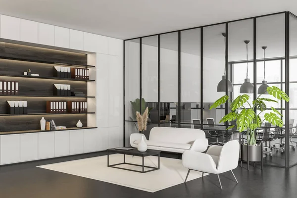 Dark office interior with lounge zone, side view, sofa and armchair with coffee table. Conference room behind glass doors, cabinet with folders. Panoramic window on city view. 3D rendering