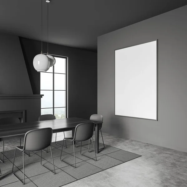 黑暗的客厅内部 椅子和餐桌在地毯上 侧视图 灰色混凝土地板 靠近乡间全景窗户的萤火虫 模拟帆布海报 3D渲染 — 图库照片