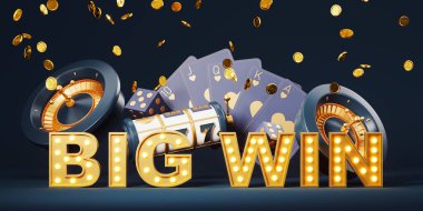 Big win sign and royal flush cards with 777 jackpot, chips and roulette wheel on dark background with falling money. Concept of luck and success. 3D rendering