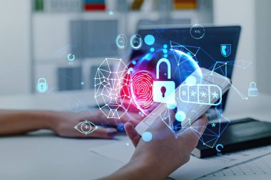 Businesswoman holding smartphone with digital interface with facial recognition by digital interface with robot face and virtual globe hologram. Concept of modern technology of artificial intelligence