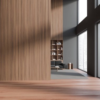 Front view on dark living room interior with empty wooden wall, sofa, coffee table, shelf with books, oak hardwood floor. Concept of minimalist design, home library. Place for reading. 3d rendering