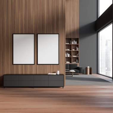 Stylish living room interior with sideboard and sofa with shelf, panoramic window on city view. Wooden partition and two mock up canvas posters. 3D rendering