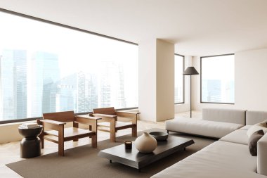Corner view on bright living room interior with panoramic windows with Singapore view. White wall, hardwood floor. Concept of spacious place in quiet place made for creative idea. 3d rendering