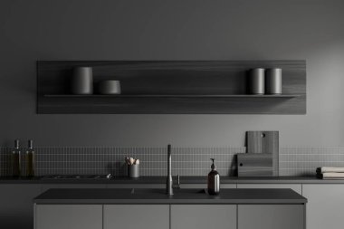Front view on dark kitchen room interior with island, cupboard, grey wall, gas cooker, sink, cooking inventory, desks, shelf. Concept of minimalist design. 3d rendering