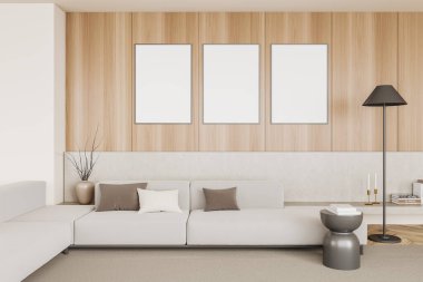 Cozy living room interior with sofa and shelf with art decoration, carpet on hardwood floor. Three mock up canvas posters on wooden wall. 3D rendering