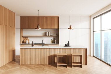 Wooden kitchen interior with bar island and chairs, hardwood floor. Kitchenware on deck, cooking area with panoramic window on skyscrapers. 3D rendering