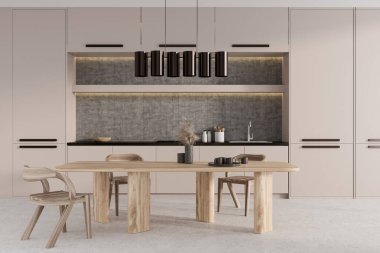 Front view on bright kitchen room interior with dining table, armchairs, cupboard, white wall, gas cooker, sink, cooking inventory. Concept of minimalist design. 3d rendering