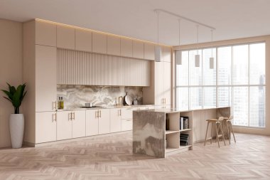 Modern kitchen interior with bar island and decoration, side view grey concrete floor. Cooking corner with kitchenware and panoramic window on skyscrapers. 3D rendering