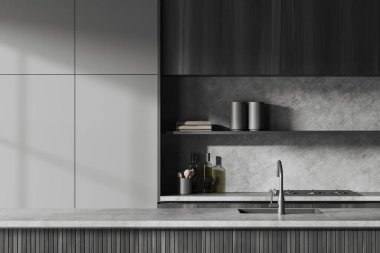 Dark kitchen interior with bar island, sink and stove with modern kitchenware on shelf. Dark cooking area with black wooden design. 3D rendering