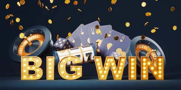 Groot Win Teken Koninklijke Flush Kaarten Met 777 Jackpot Chips — Stockfoto