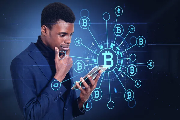 Perfil Hombre Negocios Negro Con Tableta Criptomoneda Iconos Hud Blockchain — Foto de Stock
