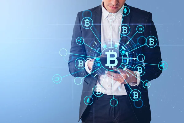Businessman Working Tablet Double Exposure Cryptocurrency Icons Glowing Blockchain Network —  Fotos de Stock