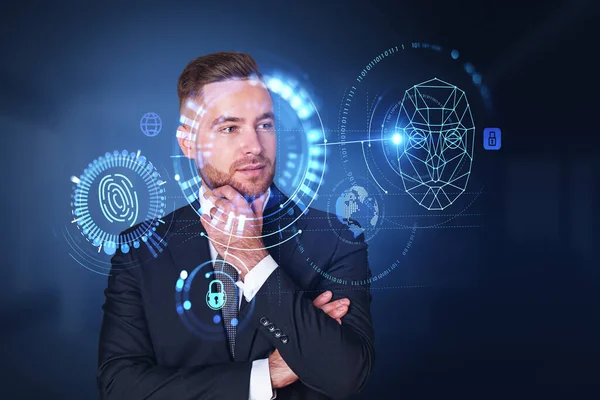 Pensive Businessman Portrait Hand Chin Digital Biometric Scanning Hud Hologram — Foto de Stock