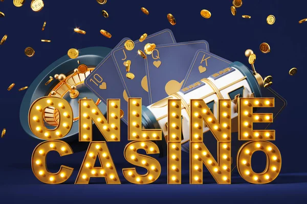 Online Casino Sign Royal Flush Cards 777 Jackpot Chips Roulette — ストック写真