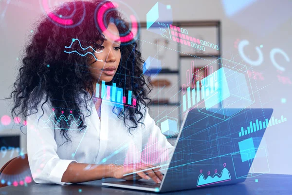 Black Businesswoman Working Laptop Virtual Reality Hologram Metaverse Hud Digital — Stockfoto
