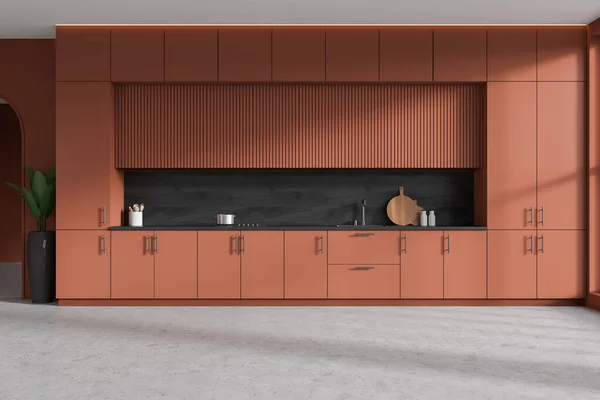 Dark Kitchen Interior Cooking Space Sink Stove Brown Cabinet Minimalist — 图库照片