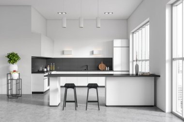 Stylish kitchen interior with bar island and chairs on grey concrete floor, sink with kitchenware and decoration. Panoramic window on skyscrapers. 3D rendering