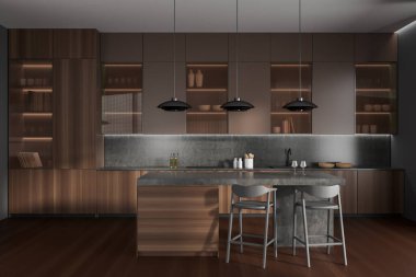 Dark kitchen interior with bar island and chairs on hardwood floor. Wooden shelves with dishes, kitchenware and decoration. 3D rendering
