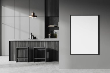 Dark kitchen interior with bar island and stool on grey concrete floor. Cooking area with kitchenware and shelves. Mock up canvas poster on partition. 3D rendering