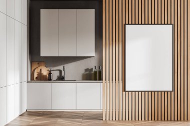 Luxury kitchen interior with cooking area with sink and cabinet, hardwood floor. Mockup canvas poster on wooden partition. 3D rendering