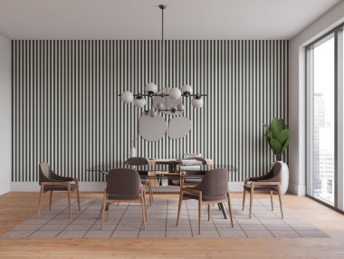 Cozy living room interior with dining table and armchairs on carpet, hardwood floor. Meeting space with drawer and decoration, panoramic window on skyscrapers. 3D rendering