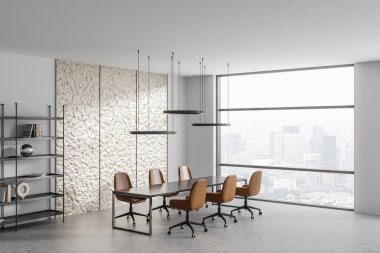 White conference interior with table and chairs, side view grey concrete floor. Stylish shelf with decoration and panoramic window on skyscrapers. 3D rendering