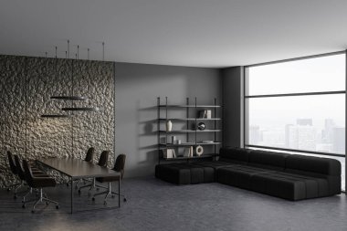 Dark conference interior with work table and armchairs, side view relax corner with sofa and decoration. Panoramic window on skyscrapers. 3D rendering