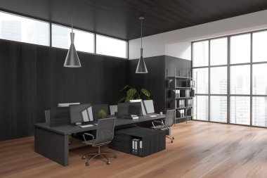 Corner view on dark office room interior with computers, desks, armchairs, shelves with folders, panoramic window, oak wooden floor. Concept of company, firm, meeting space. 3d rendering