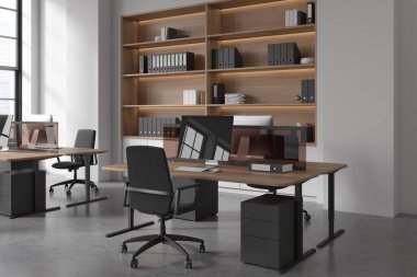 Dark business interior with coworking corner with pc computer on table, grey concrete floor. Shelf with documents and panoramic window on city view. 3D rendering