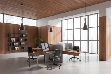 Corner view on bright office room interior with computers, desks, armchairs, shelves with folders, panoramic window, concrete floor. Concept of company, firm, meeting space. 3d rendering