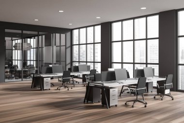 Corner view on dark office room interior with computers, desks, armchairs, meeting board, panoramic window, glass partition, oak wooden floor. Concept of company, firm, meeting space. 3d rendering
