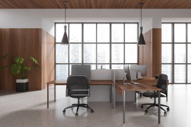 Front view on bright office room interior with computers, desks, armchairs, shelves with folders, panoramic window, concrete floor. Concept of company, firm, meeting space. 3d rendering