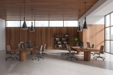Modern business interior with work zone and shelf with documents. Coworking space with pc computer and panoramic window on skyscrapers. 3D rendering
