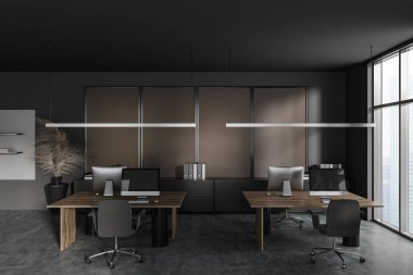 Modern business interior with work zone and sideboard with documents. Coworking space with pc computer and panoramic window on skyscrapers. 3D rendering