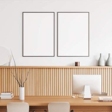 Modern office room interior with pc computer on desk, stylish art decoration on shelf. Two mockup canvas posters on white wall. 3D rendering
