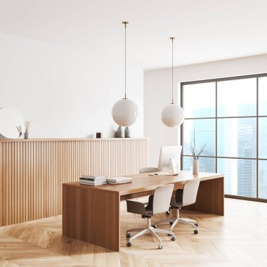 Cozy business interior with pc computer on work desk, side view hardwood floor. Stylish consulting corner with chairs and panoramic window on city view. Mock up copy space. 3D rendering