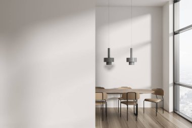 White business room interior with chairs and wooden table, hardwood floor. Office meeting zone with panoramic window. Mockup copy space partition. 3D rendering