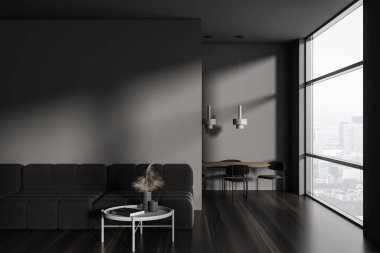 Dark office room interior with sofa and coffee table, mockup copy space wall partition and conference space with board near panoramic window. 3D rendering