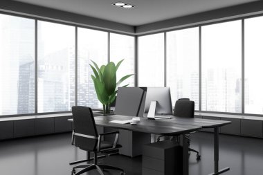 Dark business interior with armchairs and pc computer on desk, side view black concrete floor. Coworking corner with panoramic window on Singapore skyscrapers. 3D rendering