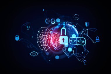 Biometric verification and facial recognition, digital hologram with earth sphere and fingerprint, padlock with password. Concept of data security. 3D rendering